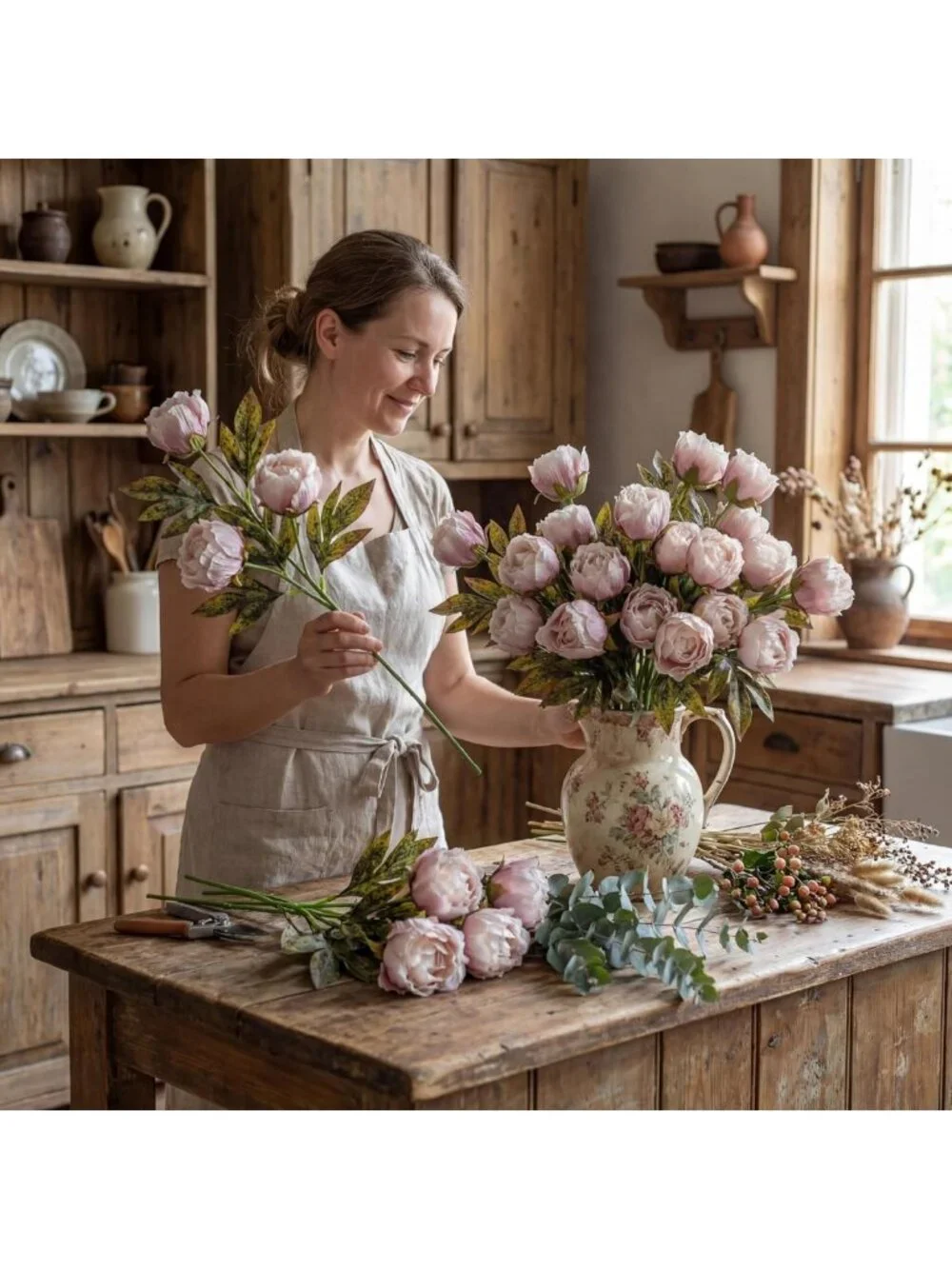Elegant Faux Silk Peony Flowers - 8 Pcs Stem for Home Decor, Brownish Vases